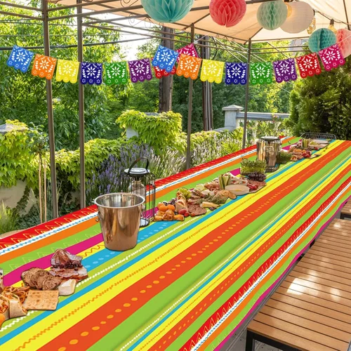Vista 4 de party greeting Decoración de fiesta mexicana de 1181 x 54 pulgadas, mantel de plástico a rayas mexicanas para fiesta mexicana, suministros de fiesta