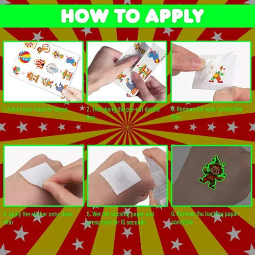 Vista 8 de 96 tatuajes temporales que brillan en la oscuridad para niños - Payaso de circo de carnaval Animal Popcorn Fake Tattoos Luminous Waterproof