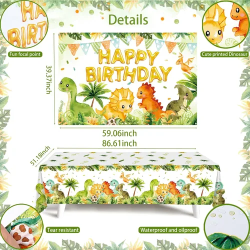 Vista 4 de Decoraciones de cumpleaños de dinosaurios, suministros de fiesta de Kit de guirnalda de arco de globos verdes, mantel de fondo de dinosaurio