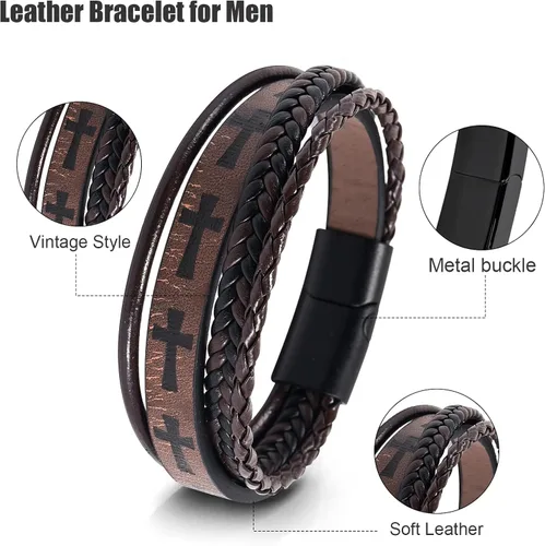 Vista 3 de Hamoery Men Leather Bracelet Punk Braided Rope Alloy Bracelet Bangle Wristband