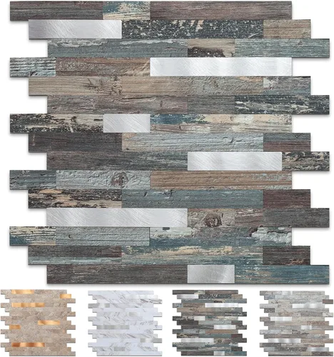 Vista 8 de Midcard Azulejos adhesivos para salpicaduras de 10 hojas, azulejos para cocina, baño, lavandería, cámper, chimenea. 20Trapezoidal Negro Gris Madera