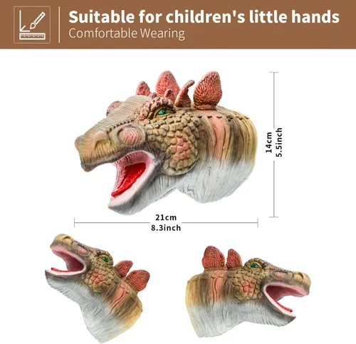 Vista 4 de Yolococa Marionetas de mano de dinosaurio, juego de marionetas de animales de látex de 3 piezas con T Rex, triceratops y estegosaurio para contar