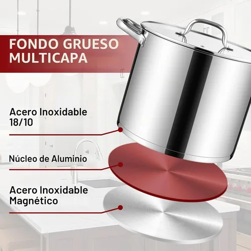 Vista 7 de Herogo Olla de acero inoxidable 18/10 de 12 cuartos de galón con tapa, olla grande y resistente compatible con cocinas eléctricas, de gas