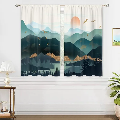 Vista 4 de Cortinas de cocina pequeñas de montaña abstracta verde azulado, tratamiento de ventana de montaña, naturaleza, puesta de sol, paisaje, cafetería