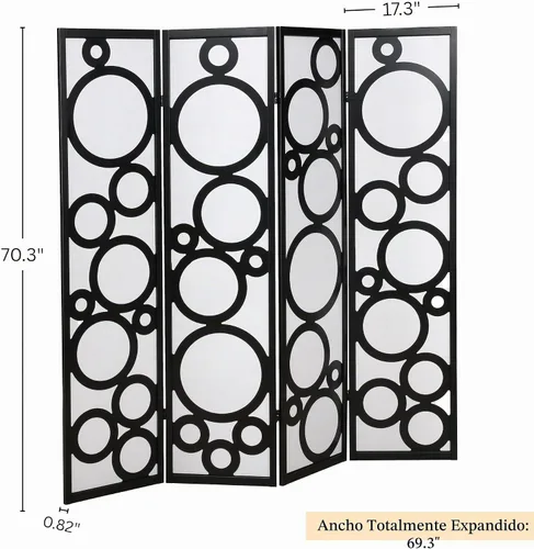 Vista 5 de Roundhill Furniture Arvada - Divisor de habitación de madera de 4 paneles con patrón circular, color negro