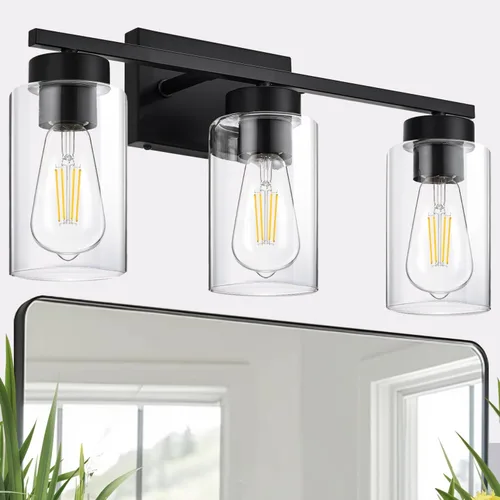 Vista 4 de Lámpara de tocador de baño de 3 luces, modernas luces de pared negras con pantallas de vidrio transparente, lámpara de pared de baño para espejo 3