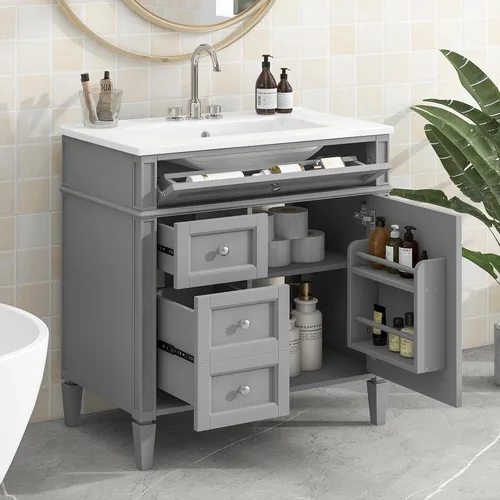 Vista 13 de Virubi Tocador de baño de 30" con fregadero de cerámica, gabinete de almacenamiento moderno