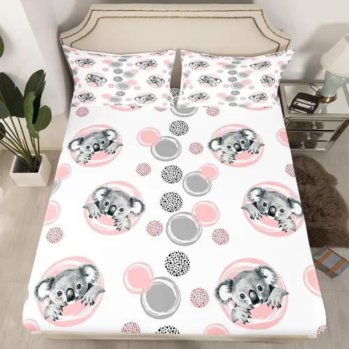 Vista 2 de Erosebridal Juego de sábanas lindas de koala para niños, sábana bajera ajustable kawaii koalas tamaño individual con puntos grises y rosados, funda