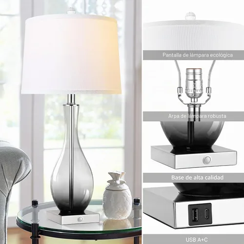 Vista 6 de Juego de 2 lámparas de mesa de cristal de 27 pulgadas con puertos USB, lámparas táctiles para mesita de noche 3-Way Dimmable,E26 Base, Bulbs