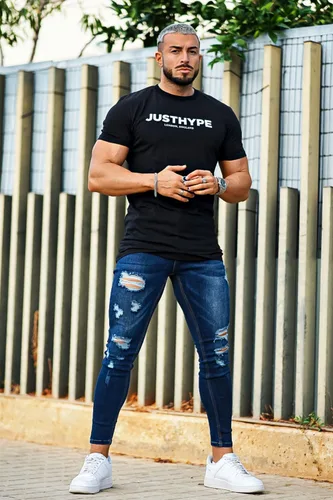 Vista 2 de Gingtto jeans entallados elásticos para hombre, de corte ajustado, rasgados, gastados