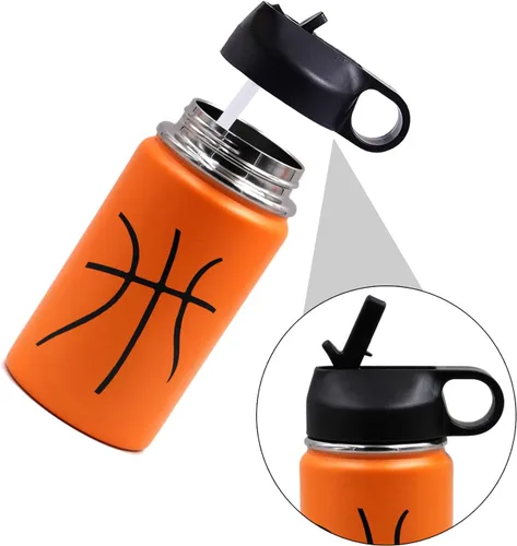 Vista 2 de Botella de agua de baloncesto de 12 onzas, botella de agua deportiva aislada al vacío de acero inoxidable con popote y 2 tapas, botella de agua