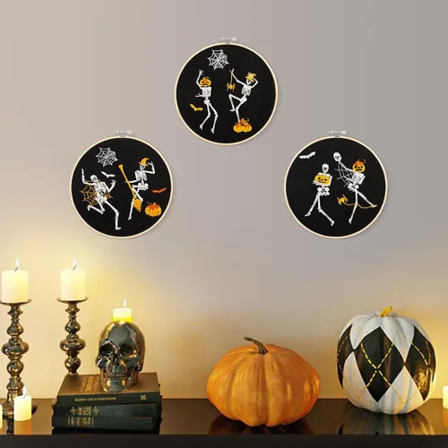 Vista 7 de Kit de bordado de Halloween para adultos principiantes, kit de punto de cruz estampado para adultos principiantes, divertido kit de iniciación