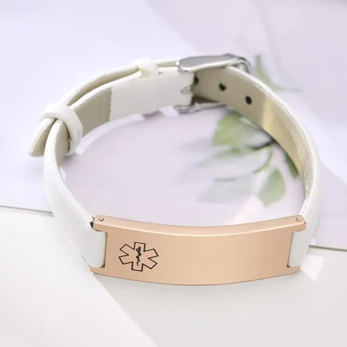 Vista 23 de MPRAINBOW Pulsera de alerta médica personalizada para mujer, correa de reloj de cuero genuino, grabado de doble cara, diabetes, epilepsia, joyería