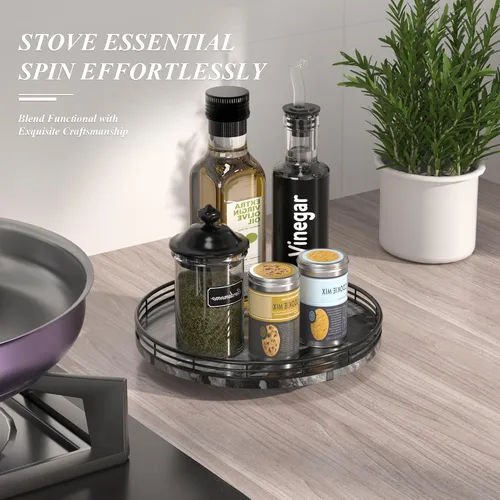 Vista 6 de Marble Lazy Susan - Tocadiscos para mesa, bandeja redonda de mármol de grano de madera antigua de 10 pulgadas para mesa de comedor, encimera de Negro