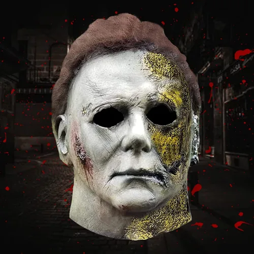Vista 6 de Michael Myers - Máscara original de miedo para adultos máscara de látex de Halloween 2021 para cosplay graduación disfraz de Michael Myers 2021-oro