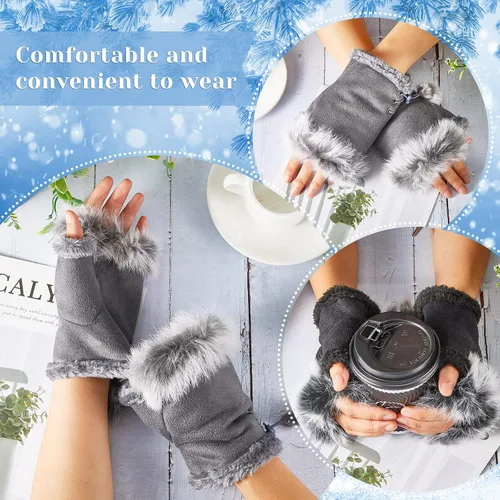 Vista 4 de 2 Pairs Women Fur Fingerless Gloves Winter Rabbit Fur Half finger Mittens for Women Girls Teen Working Writing