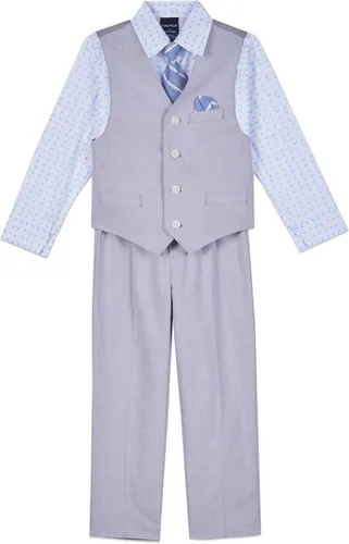 Vista 15 de Nautica Conjunto de traje formal de 4 piezas para niños con chaleco, pantalones, camisa de vestir con cuello y corbata Lino Azul