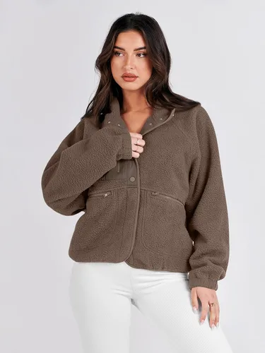 Vista 7 de ANRABESS Chaqueta de forro polar mullido para mujer, estilo casual, manga larga, recortada, con botones, con bolsillos