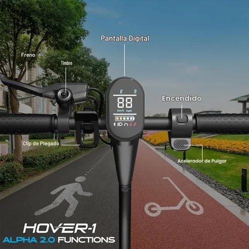 Vista 4 de Hover-1 Alpha 2.0 Foldable Electric Scooter with 450W Brushless Motor, 18 mph Max Speed, 10” Air-Filled Tires and 12 Mile Range Negro
