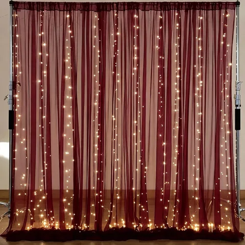 Vista 12 de Cortina de telón de fondo de tul negro de 10 x 10 pies con cadena de luces para fiestas, cortinas de fondo de fotos transparentes para bodas