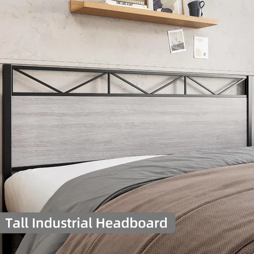 Vista 6 de Senfot Base de cama de tamaño matrimonial con cabecera y estribo de madera rústica, plataforma de metal, soporte de listones de acero resistente,