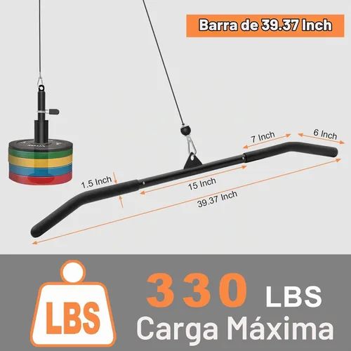 Vista 4 de SERTT Barra de Jalón LAT de 39.37 Pulgadas para Máquina de Cable con Polea, Barra de Presión para Curl de Tríceps con Mango de Goma, Accesorios