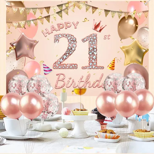 Vista 5 de Cartel de tela con texto en inglés «Happy 21st Birthday» para niñas y jóvenes de 21 años, cartel de tela para fiesta de cumpleaños de mujer joven