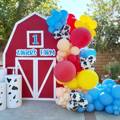 Vista 7 de Kit de guirnalda de arco de globos de vaca de 138 piezas, decoraciones de fiesta de animales de Red Yellow Blue Green Animal Print Balloons, for