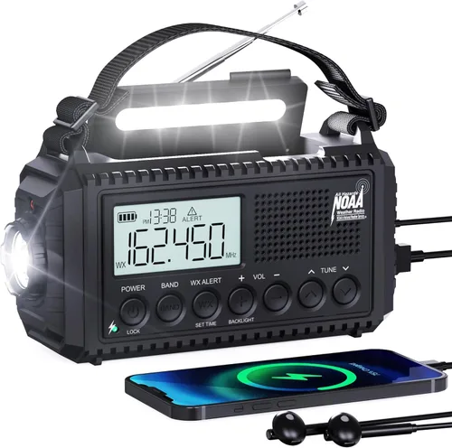 Vista 14 de Radio de emergencia de 12000 mAh - Alerta meteorológica AUTO NOAA, manivela solar AM/FM/SW/NOAA, linterna, cargador de teléfono, sirena SOS, kit