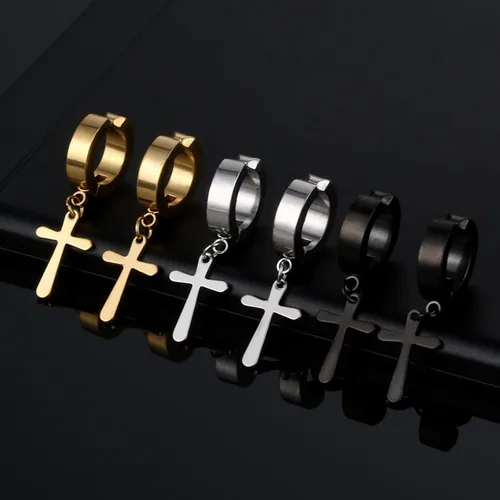Vista 6 de Halawly Juego de aretes de aro de acero inoxidable para mujeres y niñas, 3 pares6 pares10 pares pequeños, enormes plateados, dorados, negros, cruz
