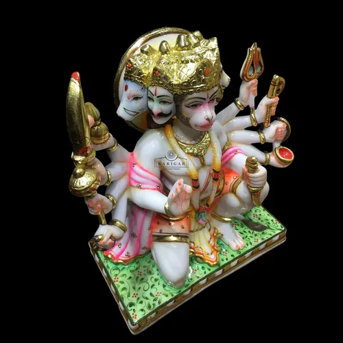 Vista 7 de Estatua de Hanuman Murti de 12 pulgadas de hoja de oro grande Panchmukhi Hanuman mármol bendición 5 caras Hanuman figura Hanuman mono hindú dios