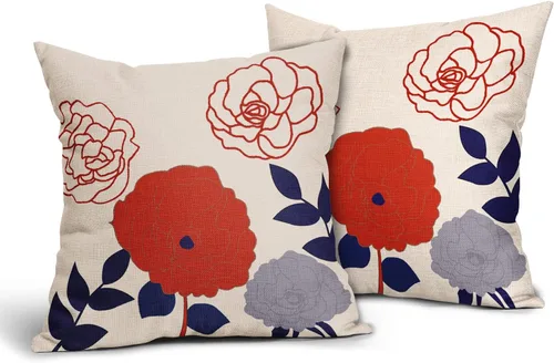 Vista 30 de Sweetshow Juego de 2 fundas de almohada florales de color azul marino de 16 x 16 pulgadas, fundas de almohada cuadradas de lino con estampado
