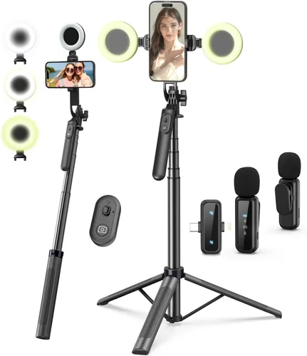 Vista 10 de Kit de vlogging Yeaki para iPhone/Android, palo selfie trípode de 180 cm para iPhone con luz, control remoto inalámbrico y micrófono, trípode