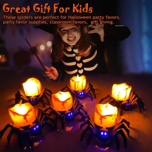 Vista 7 de Paquete de 6 velas LED sin llama de Halloween, velas LED de araña 3D con luz amarilla y morada cálida brillante, funciona con pilas, luces LED