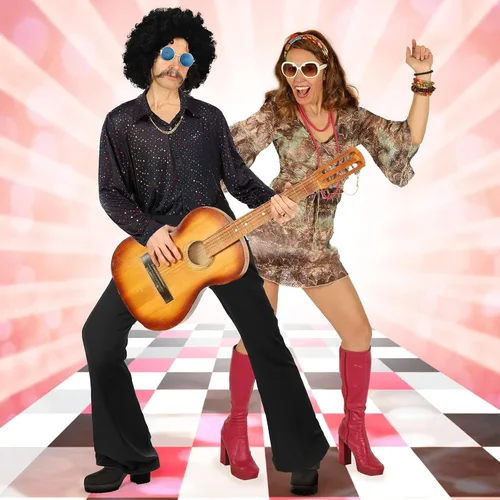 Vista 6 de Eurzom Conjunto de disfraz de discoteca que incluye camisa brillante con pantalón para hombre, peluca afro, collar, lentes de sol para fiesta
