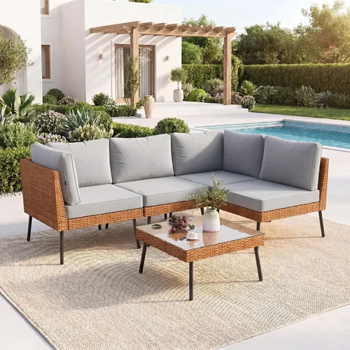 Vista 16 de Aoxun Juego de muebles de patio de 7 piezas con mesa auxiliar, color beige Muebles de mimbre para exteriores con cojines gruesos resistentes al
