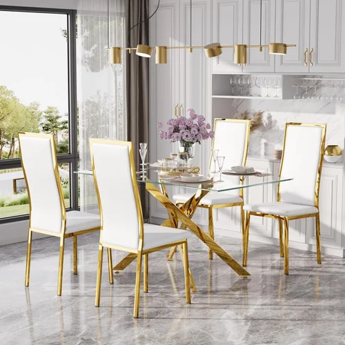 Vista 19 de Juego de mesa de comedor de cristal dorado moderno de 63 pulgadas para 6, juego de mesa de cocina rectangular de 7 piezas con patas de acero Negro