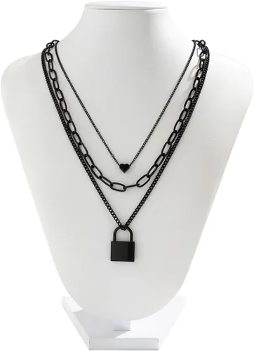 Vista 6 de Caiyao Collares apilados para mujer, cadenas de bloqueo negras, collar en capas con dije estético, gargantilla multicapa
