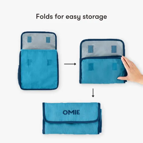 Vista 5 de Omie OmieBox - Lonchera lavable, plegable, duradera, resistente al agua con bolsillo interior y soporte externo para botellas (azul)