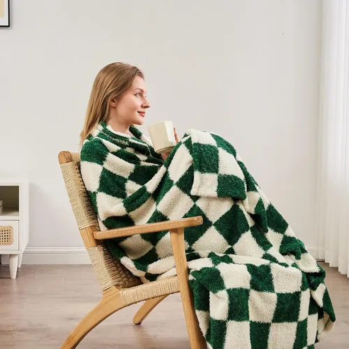 Vista 6 de Qeils Manta a cuadros de microfibra súper suave de punto verde bosque para sofá, silla, cama, camping, manta ligera de viaje - 60 x 80 pulgadas
