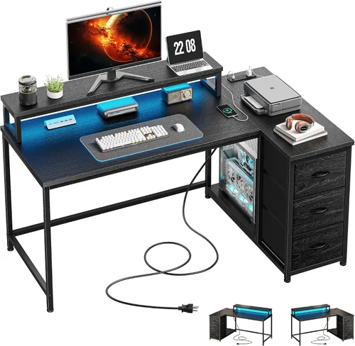 Vista 9 de EnHomee Escritorio para juegos en forma de L con luces LED y toma de corriente, escritorio de computadora de 40 pulgadas con cajones, escritorio