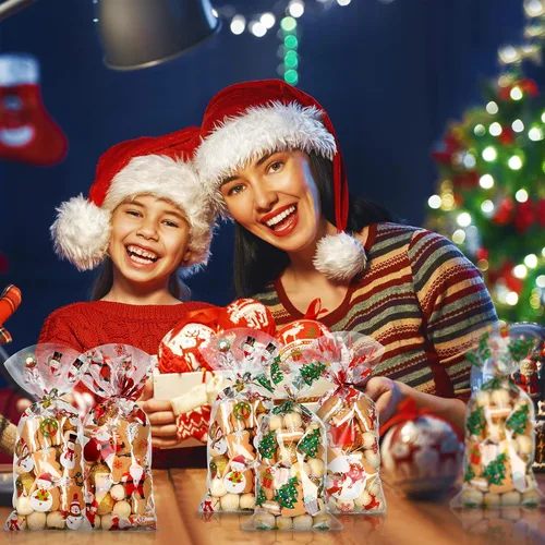 Vista 7 de Outus 100 piezas de bolsas de celofán de Navidad, bolsas de Navidad de plástico con lazos giratorios para dulces, galletas, golosinas, envoltorios