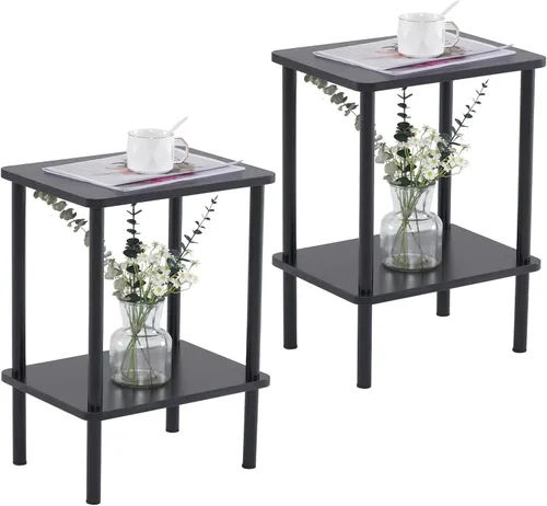 Vista 22 de Apicizon - Mesa auxiliar de 2 niveles, pequeña mesa auxiliar con patas de madera maciza, mesa de noche estilo boho con estante de almacenamiento