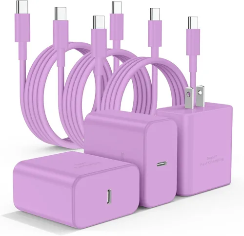 Vista 17 de Paquete de 2 cargadores USB C de 25W para Samsung Galaxy S24 Ultra, bloque de carga rápida súper silenciosa tipo C con cable C a C de 3 pies