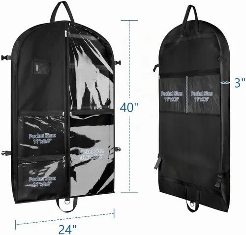 Vista 2 de Bolsas de ropa de baile negras de Zilink, bolsa de ropa de 40 pulgadas para competiciones de baile con 5 bolsillos transparentes con cremallera