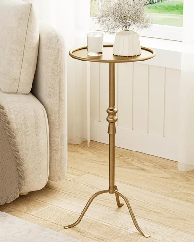 Vista 12 de 25.6" Vintage Round Pedestal End Table with Tray Top, Antique Martini Cocktail Accent Table for Living Room, Bedroom, Drink Table with Brass