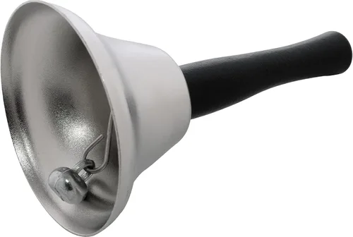 Vista 3 de Campana de mano de acero plateado para decoraciones de bodas, eventos, líneas de alimentos, alarma, sonajas, sonidos