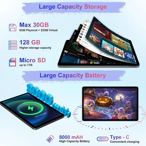 Vista 2 de Tableta Android 15 de 10.1 pulgadas 30GB+128GB+1TB ampliable, 2025 Octa-Core 8000mAh con teclado y ratón, Inteligencia Artificial Gemini, 5G WiFi