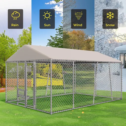 Vista 3 de Lyromix - Perrera grande de 10 x 15 pies para exterior con cuencos, perrera para exterior con techo impermeable, jaula de eslabones de cadena