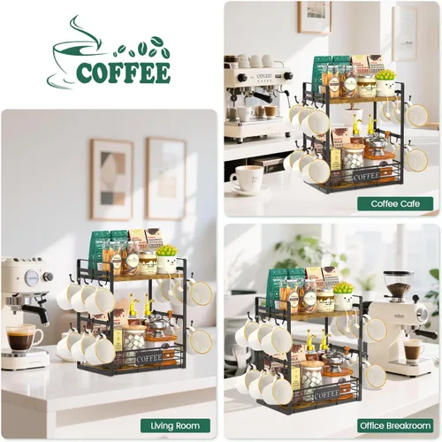 Vista 7 de EsLuker.ly Soporte para tazas de café, organizador de estación de barra de árbol, soporte para tazas de 2 niveles para encimera de cocina, estante
